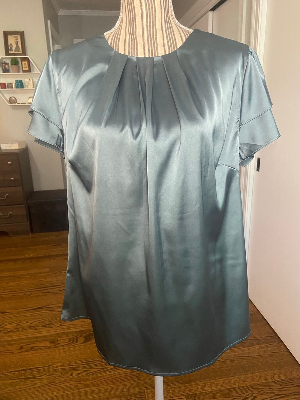 B Brand soft teal satin texture pull on short sleeve blouse w/ pleated neckline